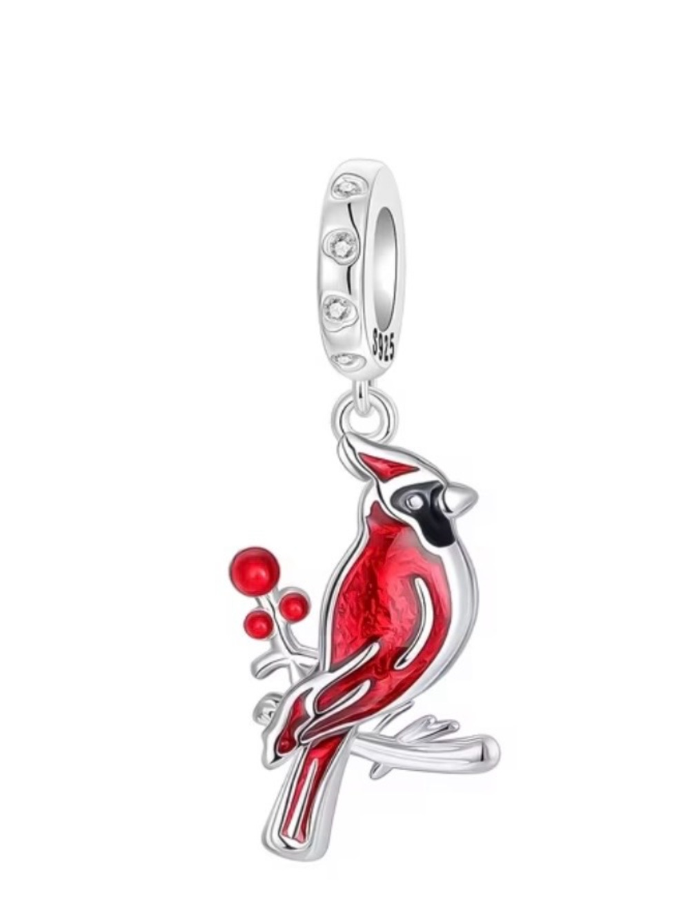 925 Sterling Silver Red Cardinal Bird Dangle Charm Fits Pandora Bracelets